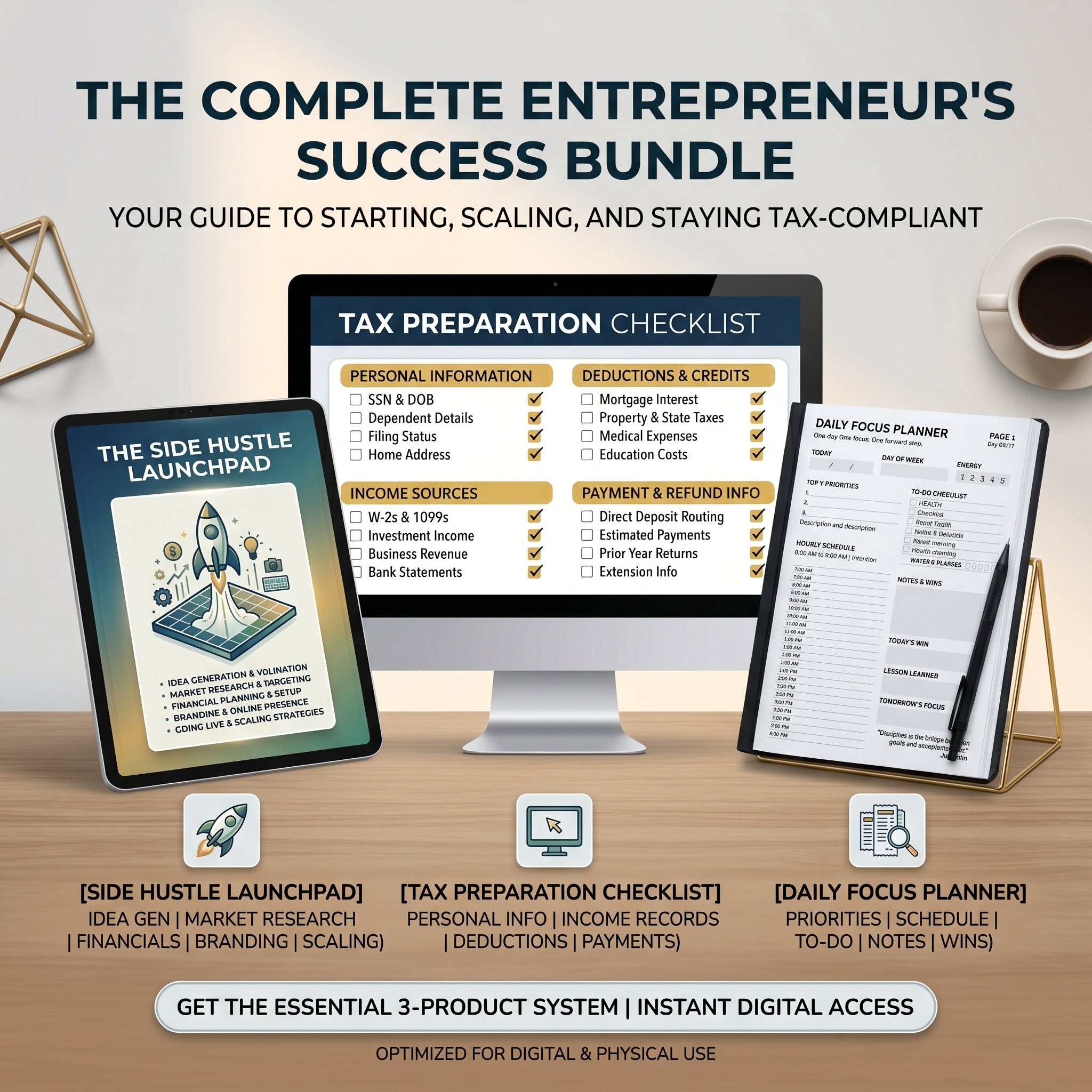 Daily Focus Planner + Tax Preparation Checklist + The Side Hustle Launchpad